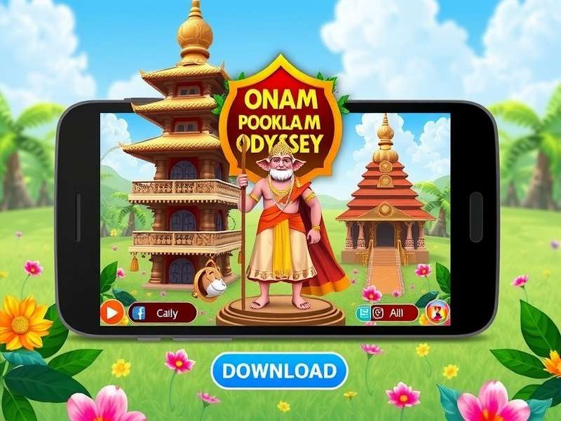 Onam Odyssey Game Screenshot Showcasing Pookalam Design and Mahabali Character